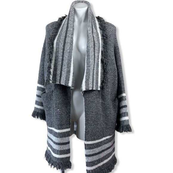 Anthropologie Saturday Sunday Fringe Gray Open Front Cardigan Sweater One Size L - Picture 7 of 16